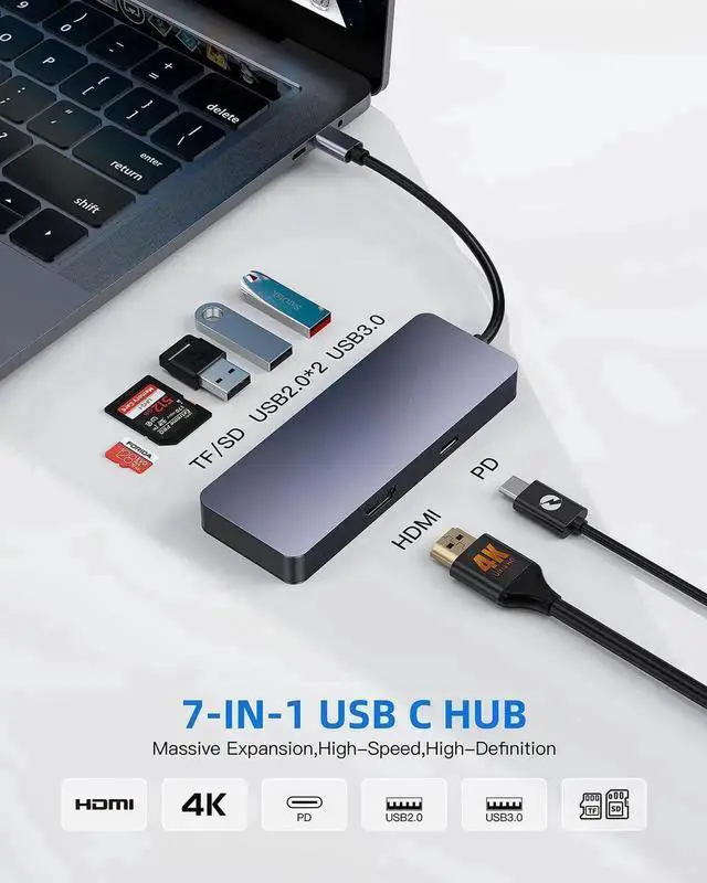 Alt view image 7 of 7 - USB C Hub, 7-in-1 MultiPort Type C Adapter USB C Hub for MacBook Air, USB C Docking Station with 4K HDMI, 1 USB 3.0, 2 USB 2.0, 100W PD, SD/TF for D-ell XPS, HP, iPad, Surface and Other Type C Laptops