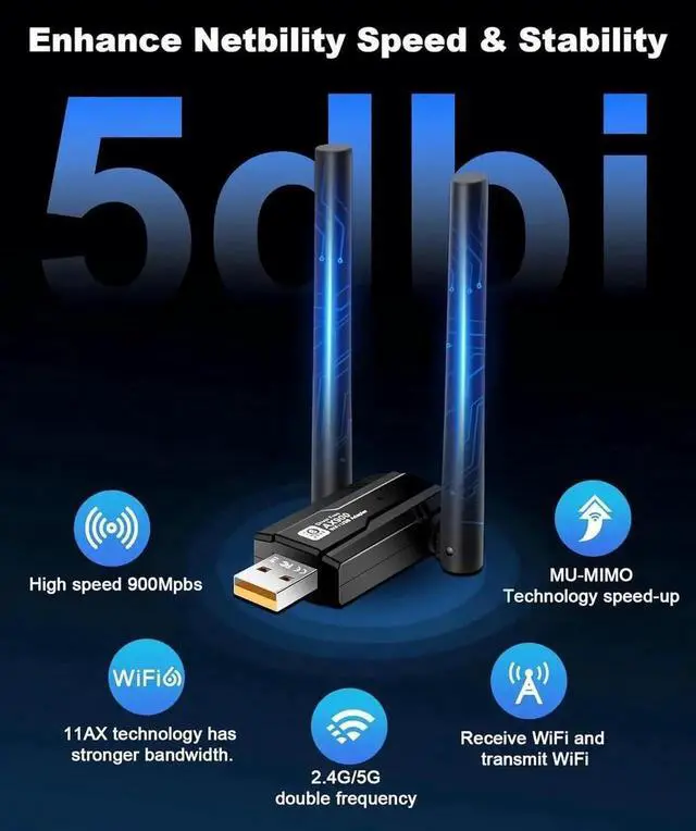 Alt view image 5 of 7 - Hitoor USB WiFi 6 Adapter for PC, AX900Mbps USB WLAN Stick Wireless Adapter with 5DBI Antenna, Dual Band 2.4G/5GHZ, Free CD-Drive, MU-MIMO, WPA3, USB WiFi Dongle Adapter for Windows 7/8/10/11