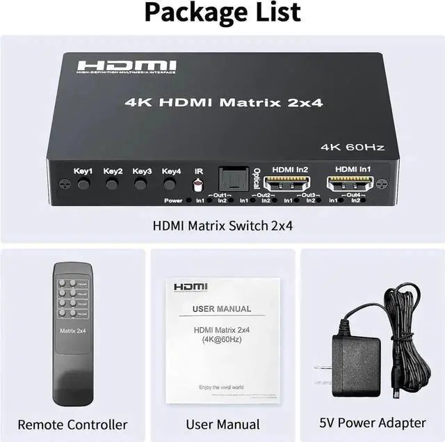 Alt view image 7 of 7 - 4K 2x4 HDMI Matrix Switch, 2 in 4 Out Matrix HDMI 2.0 Video Switcher Splitter, Optical & 3.5mm Audio Output, Support 4K 60Hz HDR HDCP2.2,18Gbps, with IR Remote Control for NS PS5 Fire Stick etc