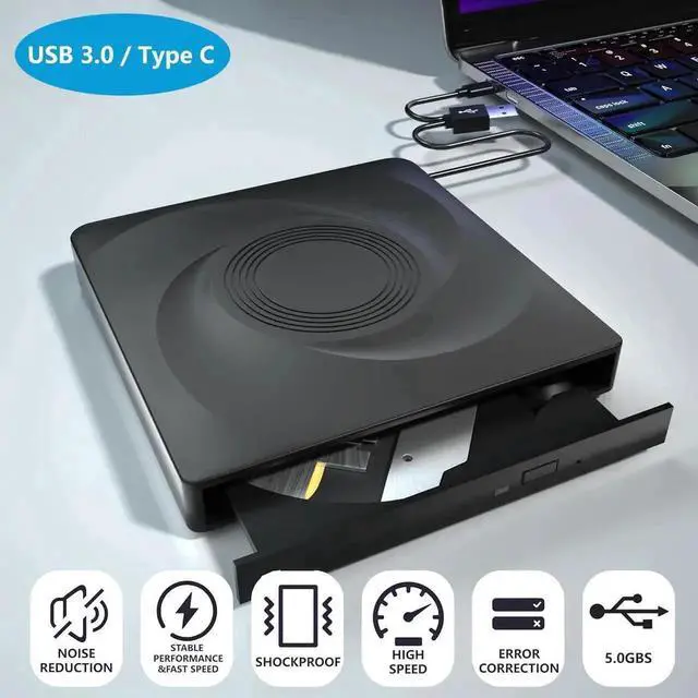 Main image of External CD/DVD Drive for Laptop, USB 3.0 & Type-C External Optical Drive CD Burner DVD Player, Portable CD DVD +/-RW Drive - Plug and Play, Compatible with Windows XP/7/8/10/11,Linux,MacOS PC (Black)