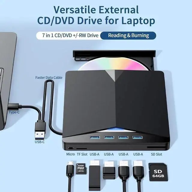 Alt view image 2 of 7 - External CD/DVD Drive for Laptop, 7-in-1 USB 3.0 & Type C Portable External CD DVD Burner Optical DVD Drive with SD/TF Card Reader & 4-Port USB Hub, Compatible with Windows, Mac OS, Linux