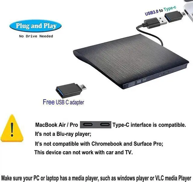 Alt view image 2 of 6 - External DVD CD Drive, USB 3.0 / USB Type C Ultra Slim Drives CD DVD RW Player/DVD CD ROM Drive/Writer/Rewriter/USB CD DVD Burner Compatible with Mac MacBook Pro, Laptops Desktops