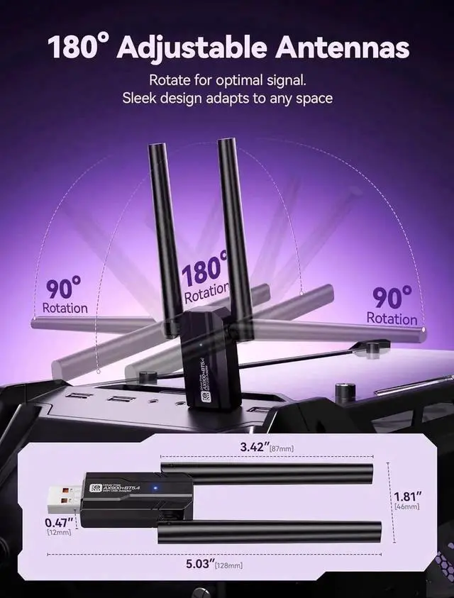 Alt view image 3 of 7 - 2 in 1 Bluetooth 5.4 Adapter for PC, USB WiFi 6 Wireless Adapter for PC, 900Mbps 2.4GHz/5.0GHz WiFi & Bluetooth Adapter with 5DBI Antenna, Plug & Play, Compatible with Windows 11,10