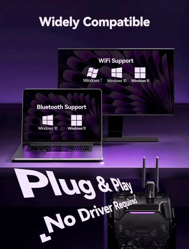 Alt view image 2 of 7 - 2 in 1 Bluetooth 5.4 Adapter for PC, USB WiFi 6 Wireless Adapter for PC, 900Mbps 2.4GHz/5.0GHz WiFi & Bluetooth Adapter with 5DBI Antenna, Plug & Play, Compatible with Windows 11,10