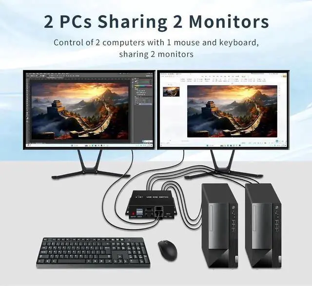 Alt view image 6 of 7 - Dual Monitor HDMI KVM Switch 2 Monitors 2 Computers, 4K@60Hz HDMI KVM switches 1 monitors 2 Monitor 2 Computers, USB switcher 2 computers Keyboard Mouse Switch, Button desktop controller switch