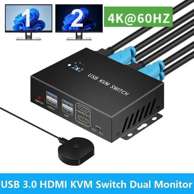 Main image of Dual Monitor HDMI KVM Switch 2 Monitors 2 Computers, 4K@60Hz HDMI KVM switches 1 monitors 2 Monitor 2 Computers, USB switcher 2 computers Keyboard Mouse Switch, Button desktop controller switch