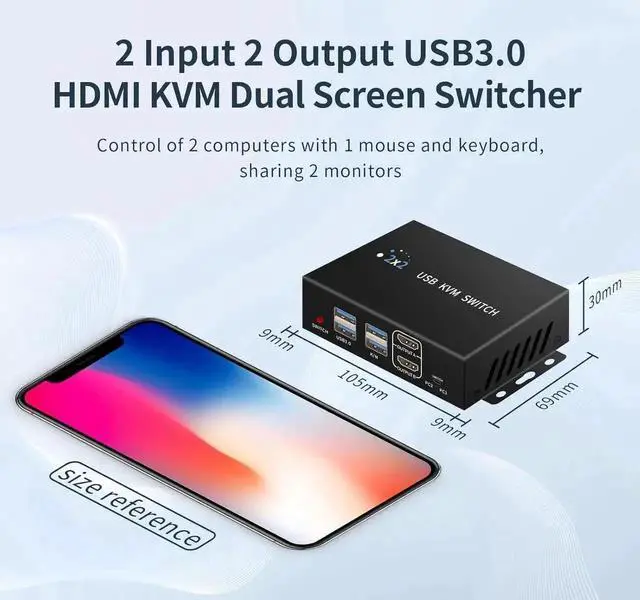 Alt view image 2 of 7 - Dual Monitor HDMI KVM Switch 2 Monitors 2 Computers, 4K@60Hz HDMI KVM switches 1 monitors 2 Monitor 2 Computers, USB switcher 2 computers Keyboard Mouse Switch, Button desktop controller switch