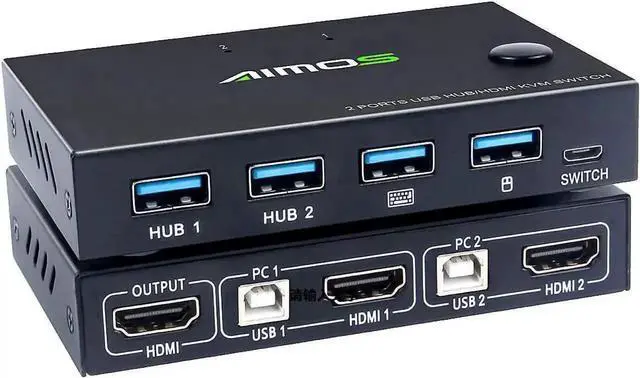 Main image of KVM Switch HDMI 2 Port Box, AIMOS USB and HDMI Switches 4 USB Hub, UHD 4K @30Hz, for 2 Computers Share Keyboard Mouse and one HD Monitor