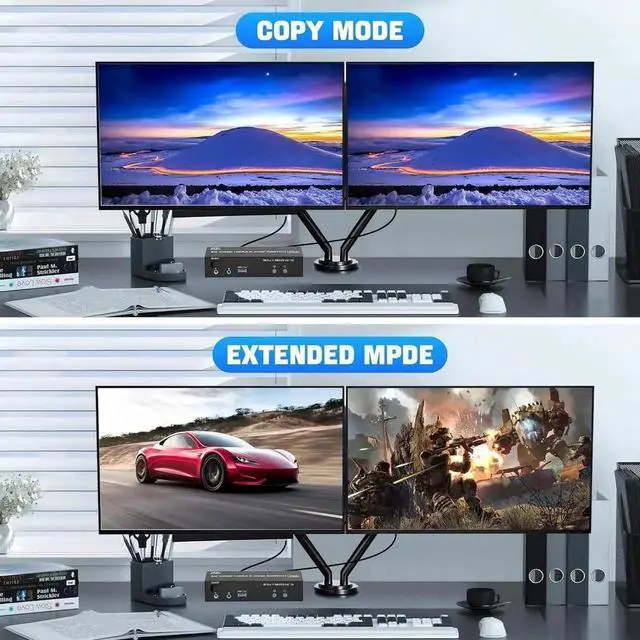 Alt view image 5 of 7 - 8K@60Hz HDMI Dual Monitor KVM Switch, 2 Port HDMI KVM Switch for 2 Monitors 2 Computers with 3 USB 3.0 Ports, Extended Display Switcher with Audio Microphone, PC Monitor Keyboard Mouse Switch