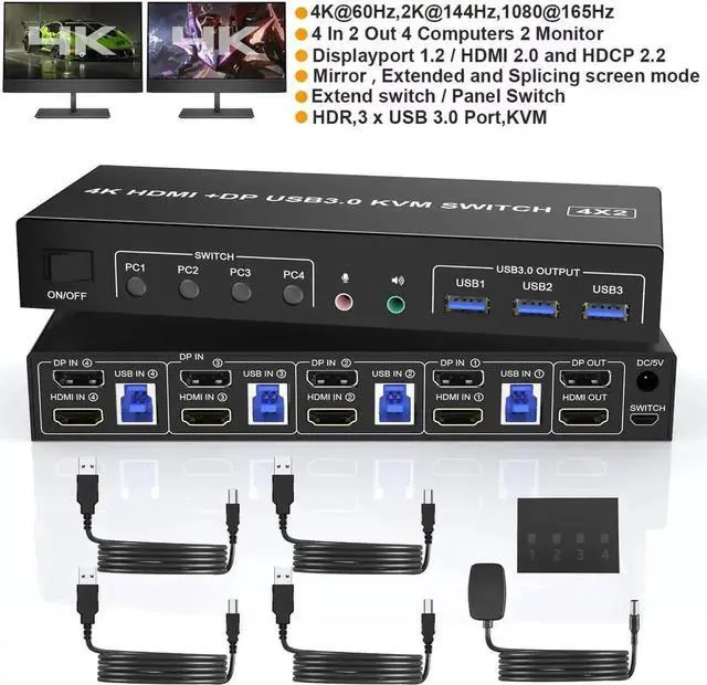 Main image of 4K@60Hz Displayport + HDMI Dual Monitor KVM Switch for 4 PCs, USB 3.0 HDMI + DP KVM Switch 2 Monitors 4 Computers, with Audio Microphone Output and 3 USB 3.0 Ports, with Wired Remote Controller