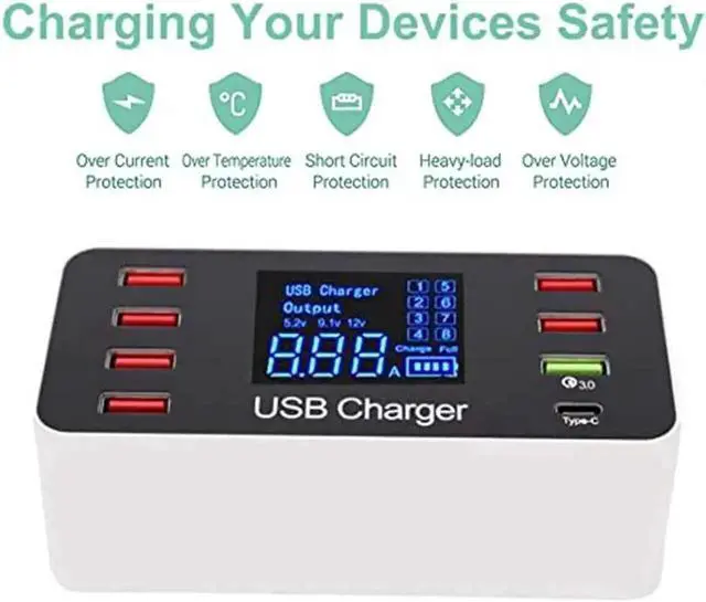 Alt view image 7 of 7 - Multi USB 8-Port Smart Fast Desktop Hub Wall Charger Charging Station Quick Charge 3.0 USB Type C Port With LED Display Compatible with IOS Android Smart Phones, Tablet, Nintendo Switch Games