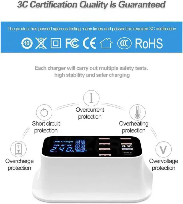 Alt view image 4 of 7 - Multi USB 8-Port Smart Fast Desktop Hub Wall Charger Charging Station Quick Charge 3.0 USB Type C Port With LED Display Compatible with IOS Android Smart Phones, Tablet, Nintendo Switch Games