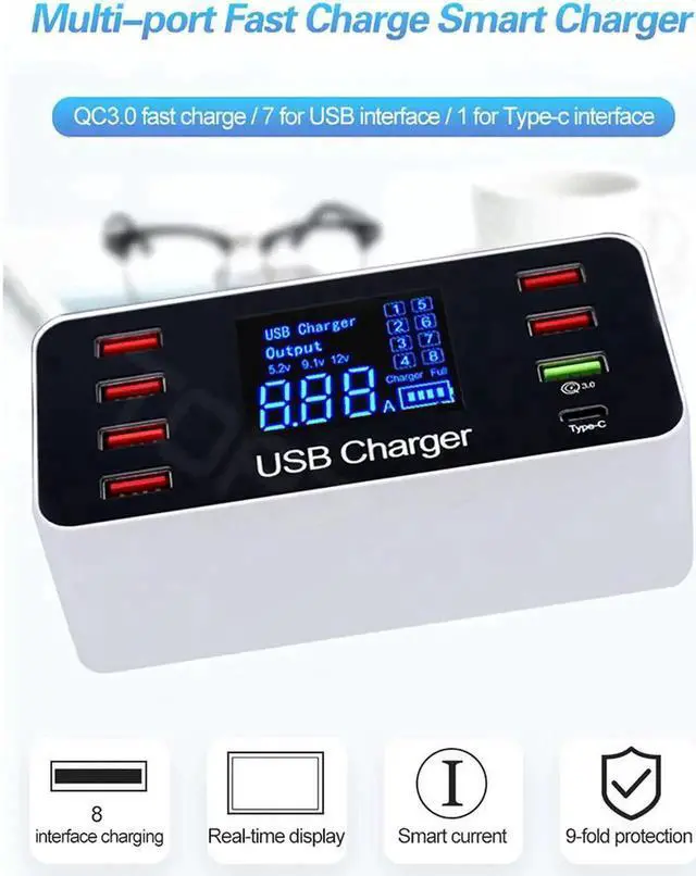 Alt view image 5 of 7 - Multi USB 8-Port Smart Fast Desktop Hub Wall Charger Charging Station Quick Charge 3.0 USB Type C Port With LED Display Compatible with IOS Android Smart Phones, Tablet, Nintendo Switch Games