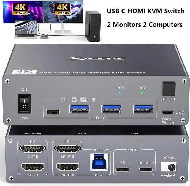 Main image of USB C KVM Switch 4K@60Hz, USB C HDMI Dual Monitor KVM Switch for 1 PC and 1 Laptop Sharing 2 Monitor and 4 USB3.0 Devices, 100W PD for Laptop with Wired Remote Control and USB Cables Included