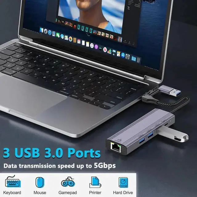Alt view image 4 of 7 - USB C HUB, 5 in 1 USB-C/USB 3.0 Dual Adapter Docking Station, with USB Port, USB-C Port/PD, Gigabit Ethernet, Multi-Port USB C Adapter Type C Laptops Dock Dongle Compatible for Mac-Book Pro Air