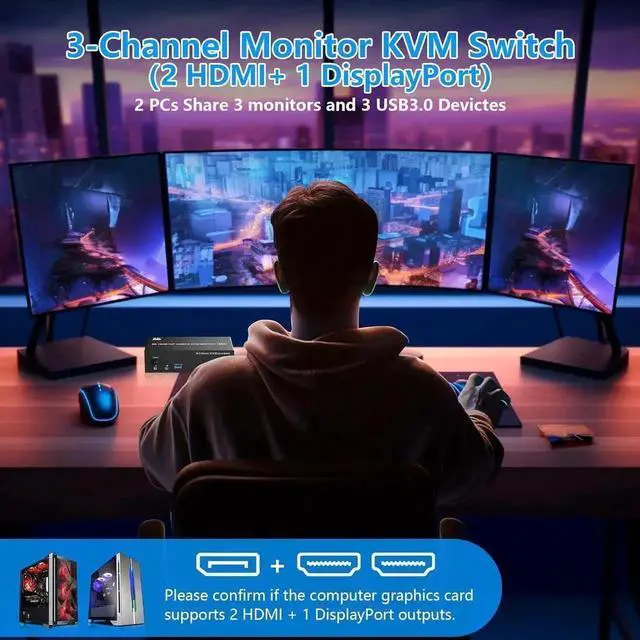 Alt view image 6 of 7 - KVM Switch 3 Monitors 2 Computers, 2 HDMI + DisplayPort USB 3.0 KVM Switch Triple Monitor for 2 Computer Share 1000Mbps RJ45 Ethernet, with 3 USB 3.0 Ports, 3.5m Audio&Microphone, Wired Remote