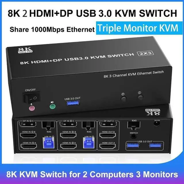 Main image of KVM Switch 3 Monitors 2 Computers, 2 HDMI + DisplayPort USB 3.0 KVM Switch Triple Monitor for 2 Computer Share 1000Mbps RJ45 Ethernet, with 3 USB 3.0 Ports, 3.5m Audio&Microphone, Wired Remote