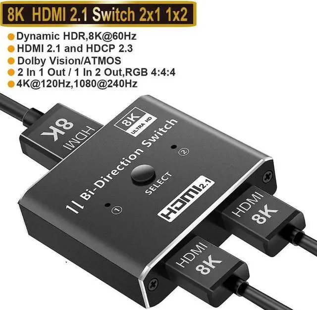 Main image of HDMI Switch 4K 120Hz, 8K HDMI 2.1 Switch Splitter 2 in 1 Out/1 in 2 Out, Aluminum Alloy Bi-Directional Switcher Support Ultra HD 8K@60Hz 4K@144Hz High Speed 48Gbps for PS4, PS5, Xbox Series X