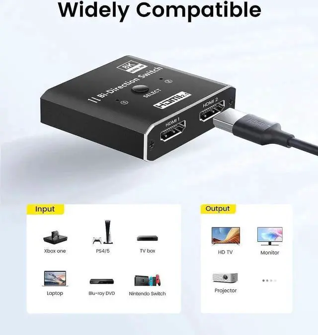 Alt view image 2 of 7 - HDMI Switch 4K 120Hz, 8K HDMI 2.1 Switch Splitter 2 in 1 Out/1 in 2 Out, Aluminum Alloy Bi-Directional Switcher Support Ultra HD 8K@60Hz 4K@144Hz High Speed 48Gbps for PS4, PS5, Xbox Series X