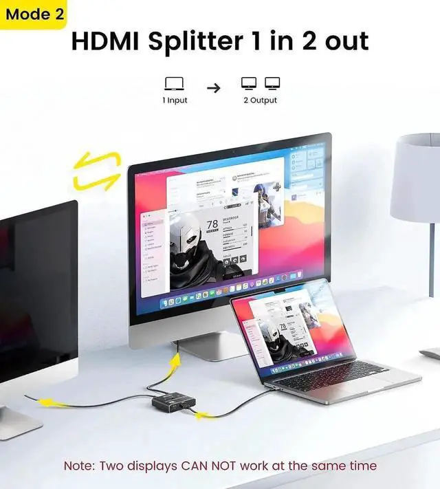 Alt view image 6 of 7 - HDMI Switch 4K 120Hz, 8K HDMI 2.1 Switch Splitter 2 in 1 Out/1 in 2 Out, Aluminum Alloy Bi-Directional Switcher Support Ultra HD 8K@60Hz 4K@144Hz High Speed 48Gbps for PS4, PS5, Xbox Series X