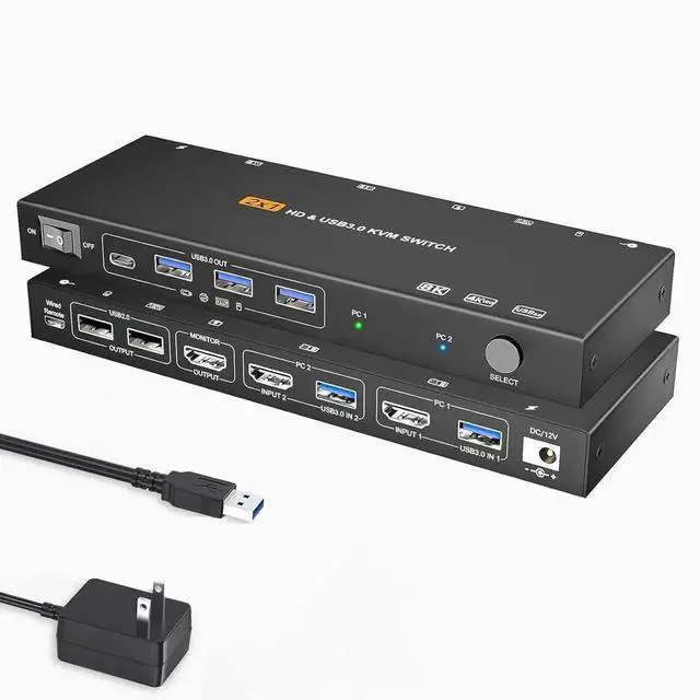 Alt view image 7 of 7 - 2 Port HDMI KVM Switch 1 Monitors 2 Computers 8K60Hz, with EDID Simulation, USB 3.0 HDMI KVM Switch 2 in 1 Out for 2 Computers Share Dual Monitors and 4 USB Devices with Remote Controller
