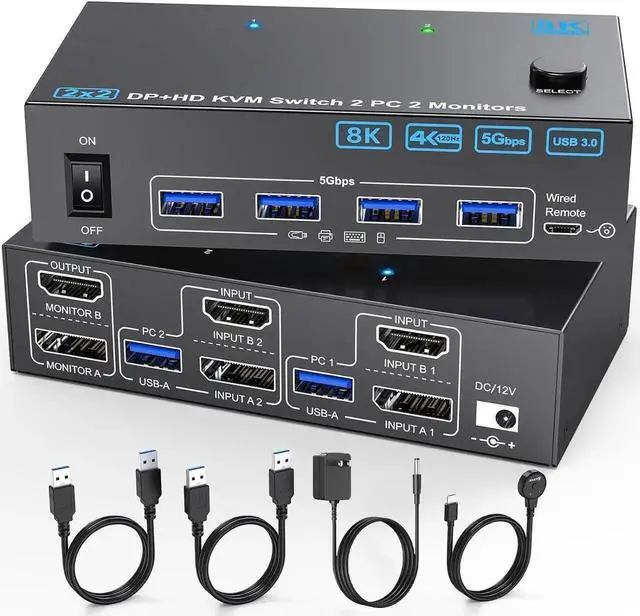 Main image of HDMI + Displayport KVM Switch 2 PC 2 Monitors 8K@60Hz, 4K144Hz, KVM Switch Dual Monitor for 2 Computers Share 2 Monitors and 4 USB 3.0 Devices. With USB Cables,Power Adapter &Desktop Controller