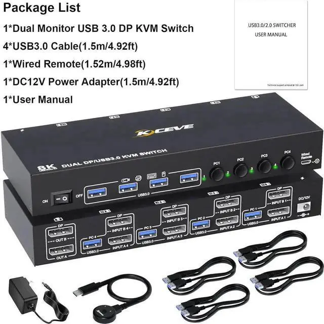 Alt view image 2 of 7 - Displayport KVM Switch 4 Computers 2 Monitors 8K@30Hz 4K@144Hz, Dual Monitor DP KVM Switch for 4 Computers Share 2 Monitor and 4 USB 3.0 Port Keyboard Mouse,Wired Remote and USB Cables Included