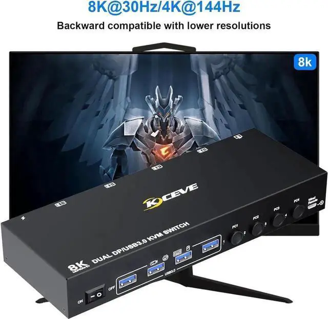 Alt view image 5 of 7 - Displayport KVM Switch 4 Computers 2 Monitors 8K@30Hz 4K@144Hz, Dual Monitor DP KVM Switch for 4 Computers Share 2 Monitor and 4 USB 3.0 Port Keyboard Mouse,Wired Remote and USB Cables Included