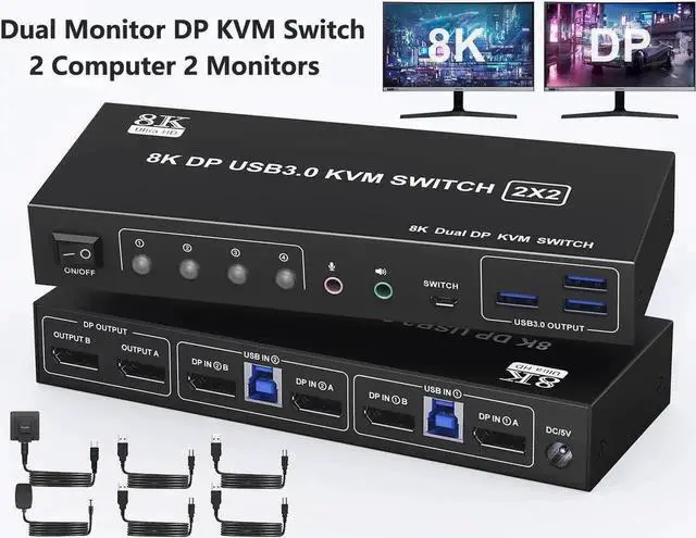Main image of 2 Port Displayport KVM Switch 2 Monitors 2 Computers with 3.5mm Audio Jack - 8K@60HZ 4K@144Hz Dual Monitor DP KVM Switches with 3 USB 3.0 Port Sharing Keyboard Mouse, Included Wired Remote