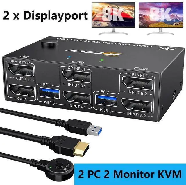 Main image of 2 Port Displayport KVM Switch 2 in 2 Out 8K@30Hz 4K@144Hz, Dual Monitor Displayport USB 3.0 KVM Switch for 2 Computers Sharing 2 Monitor and 4 USB 3.0 Devices, Wired Remote & USB Cable Included