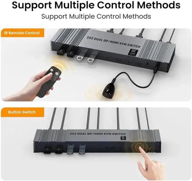 Alt view image 6 of 6 - 4K@120Hz 2x2 HDMI + Displayport KVM switch 2 Monitors 2 Computers 8K@60Hz, HDMI and Displayport Dual Monitor KVM Switch with 4 USB 3.0 Port for Keyboard Mouse Printer,Support Extended/Copy Mode