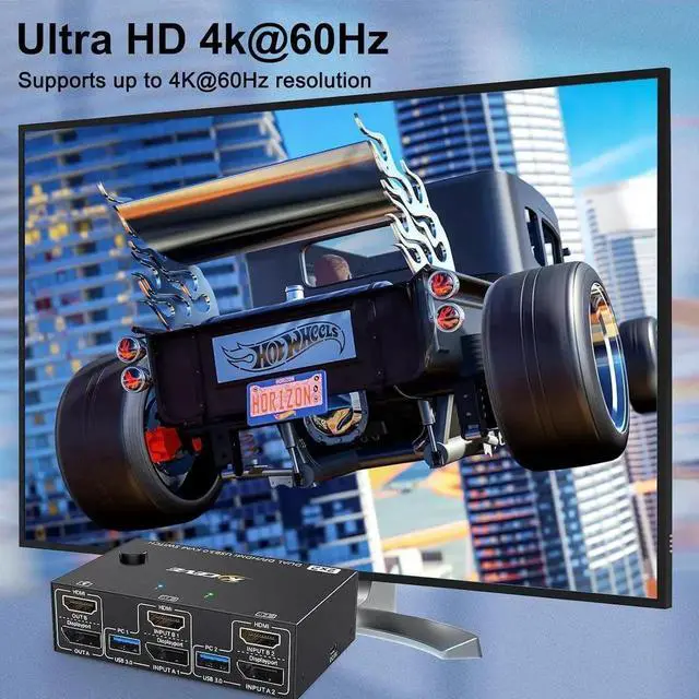 Alt view image 6 of 7 - KVM Switch 2 PC 2 Monitors 4K @ 60Hz 2K @ 120Hz, Displayport + HDMI Dual Monitors KVM Switch for 2 PCs that share 2 Monitors and 4 USB 3.0 Devices with HDMI + DP + USB Cable and Wired Remote