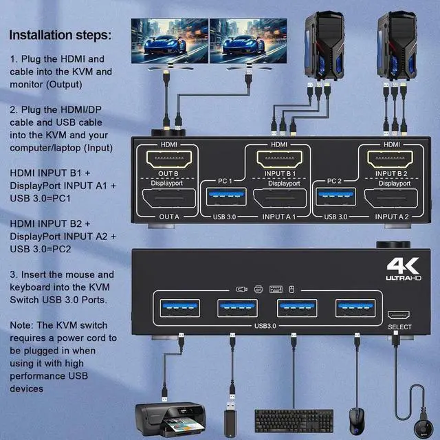 Alt view image 4 of 7 - KVM Switch 2 PC 2 Monitors 4K @ 60Hz 2K @ 120Hz, Displayport + HDMI Dual Monitors KVM Switch for 2 PCs that share 2 Monitors and 4 USB 3.0 Devices with HDMI + DP + USB Cable and Wired Remote