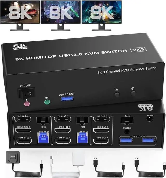 Main image of KVM Switch 3 Monitors 2 Computers 8K@60Hz 4K@144Hz, 2 HDMI + DisplayPort USB3.0 KVM Switch Triple Monitor for 2 Computer Share 1000Mbps Ethernet, 3 USB 3.0 Ports, Audio&Microphone, Wired Remote