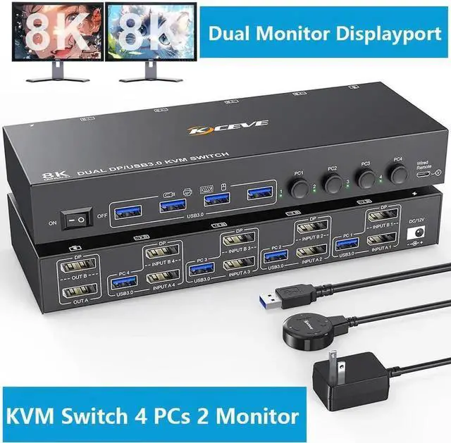 Main image of 8K@30Hz Displayport KVM Switch 4 in 2 Out, Dual Monitors Displayport USB 3.0 KVM Switcher for 4 Computers Share 2 Monitors, Keyboard and Mouse, Wired Remote and USB Cables Included
