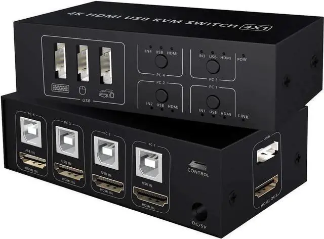 Main image of KVM Switch 4 Port HDMI Switcher, 4K @60Hz 4 In 1 Out KVM USB Switch Box for 4 PC Sharing Keyboard Mouse Monitor Compatible with Laptop, PC, PS4, Xbox HDTV