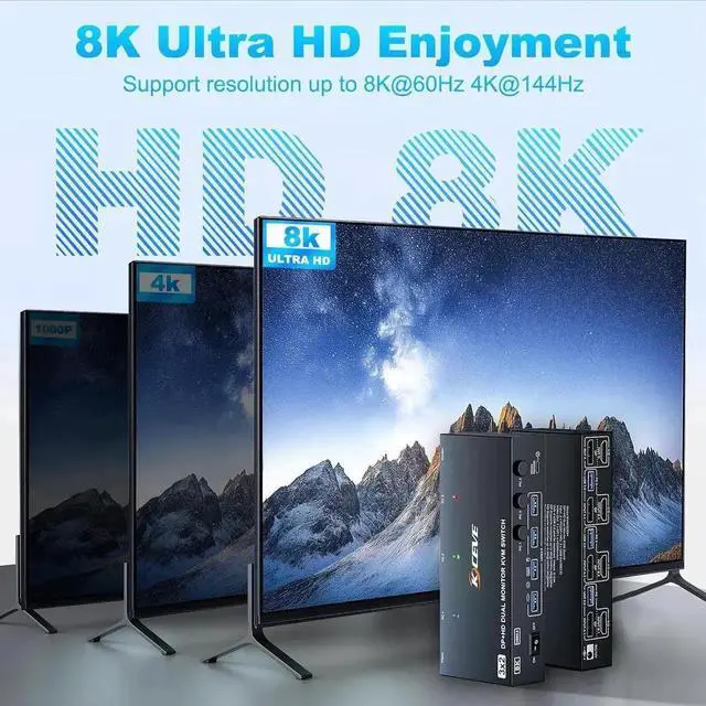 Alt view image 7 of 7 - 4K@144Hz KVM Switch 2 Monitors 3 Computers 8K@60Hz, HDMI and Displayport Dual Monitor KVM Switch with 4 USB 3.0 Port for Keyboard Mouse Printer,Wired Remote,Power Adapter and USB Cable Included