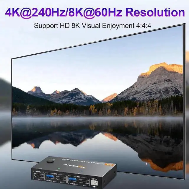 Alt view image 2 of 7 - 2 Port DP KVM Switch 2 Computer 1 Monitor, DisplayPort USB 3.0 KVM Switch Displayport 2.1 8K@60Hz 4K@144Hz for 2 PC Share One Monitor and Keyboard Mouse, with Wired Remote and Power Adapter