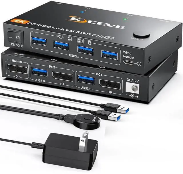 Main image of 2 Port DP KVM Switch 2 Computer 1 Monitor, DisplayPort USB 3.0 KVM Switch Displayport 2.1 8K@60Hz 4K@144Hz for 2 PC Share One Monitor and Keyboard Mouse, with Wired Remote and Power Adapter
