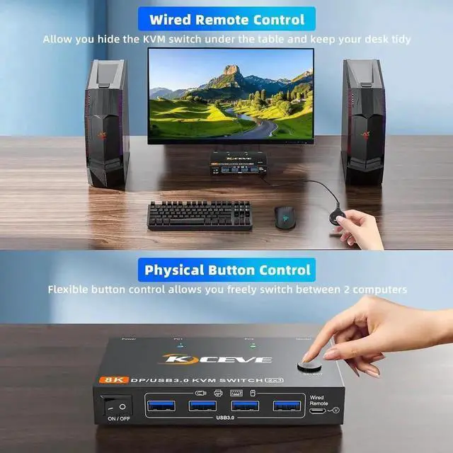 Alt view image 4 of 7 - 2 Port DP KVM Switch 2 Computer 1 Monitor, DisplayPort USB 3.0 KVM Switch Displayport 2.1 8K@60Hz 4K@144Hz for 2 PC Share One Monitor and Keyboard Mouse, with Wired Remote and Power Adapter