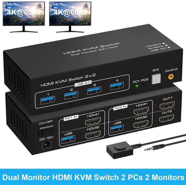 Main image of Dual Monitor HDMI KVM Switch, 2 Port HDMI 4K@60Hz KVM Switcher for 2 Computers 2 Monitors with 4 USB 3.0 Ports Support Copy and Extended Display and Desktop Control Including 2 USB 3.0 Cable