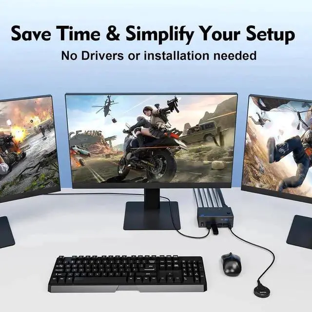 Alt view image 7 of 7 - riple Monitor HDMI + 2 Displayport KVM Switch, 8K@60Hz KVM Switches 2 Computer 3 Monitors for 2 PCs Share 3 Monitors and 4 USB Devices, with 2 USB Cables, Power Adapter, Wired Controller