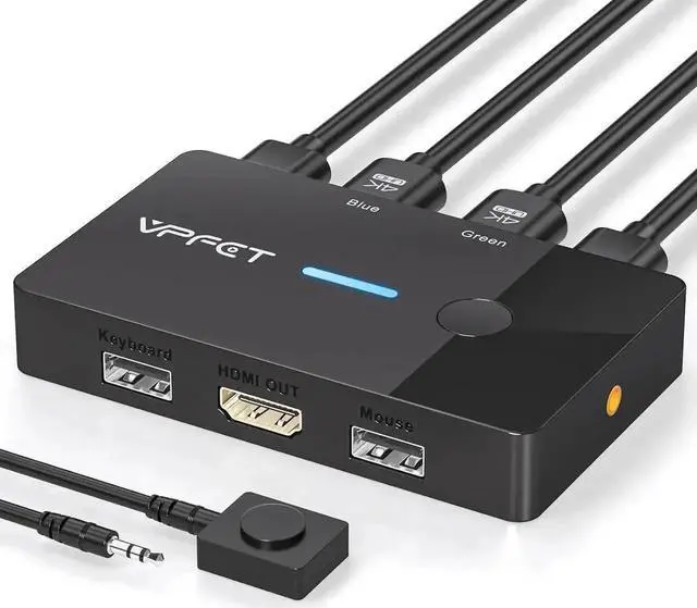 Main image of 2 Port HDMI KVM Switch 1 Monitors 2 Computers, 4K@60Hz HDMI USB KVM Switches for 2 Computers Sharing One Monitor and Keyboard Mouse, with 2 USB 2.0 Cables and Desktop Controller