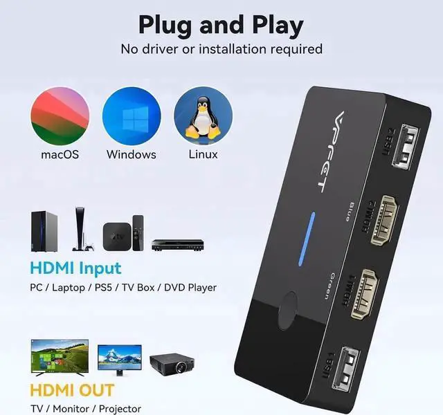 Alt view image 5 of 7 - 2 Port HDMI KVM Switch 1 Monitors 2 Computers, 4K@60Hz HDMI USB KVM Switches for 2 Computers Sharing One Monitor and Keyboard Mouse, with 2 USB 2.0 Cables and Desktop Controller