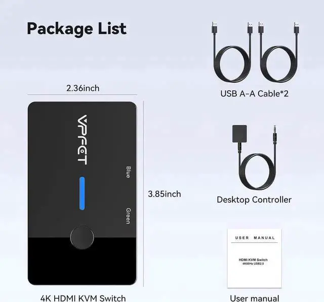 Alt view image 3 of 7 - 2 Port HDMI KVM Switch 1 Monitors 2 Computers, 4K@60Hz HDMI USB KVM Switches for 2 Computers Sharing One Monitor and Keyboard Mouse, with 2 USB 2.0 Cables and Desktop Controller