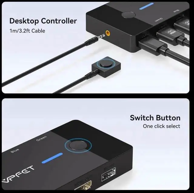 Alt view image 2 of 7 - 2 Port HDMI KVM Switch 1 Monitors 2 Computers, 4K@60Hz HDMI USB KVM Switches for 2 Computers Sharing One Monitor and Keyboard Mouse, with 2 USB 2.0 Cables and Desktop Controller
