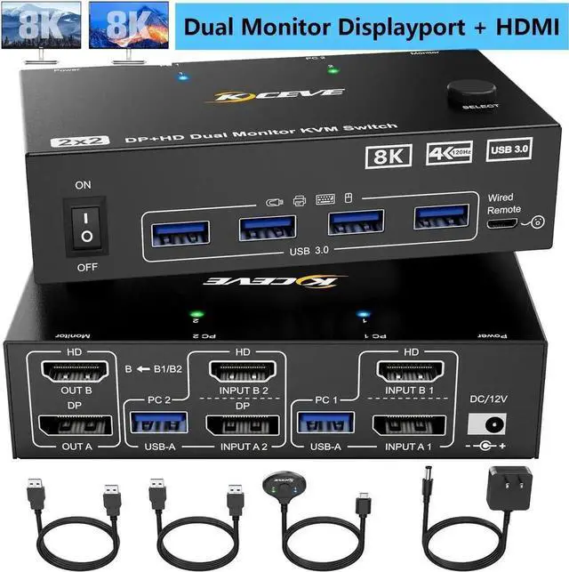 Main image of 2 Port HDMI + Displayport KVM Switch 2 Monitors 2 Computers, Dual Monitor USB 3.0 DP HDMI KVM Switcher with 4 USB 3.0 Ports Supports 8K@60Hz for 2 Computers Share Keyboard, Mouse and Monitor