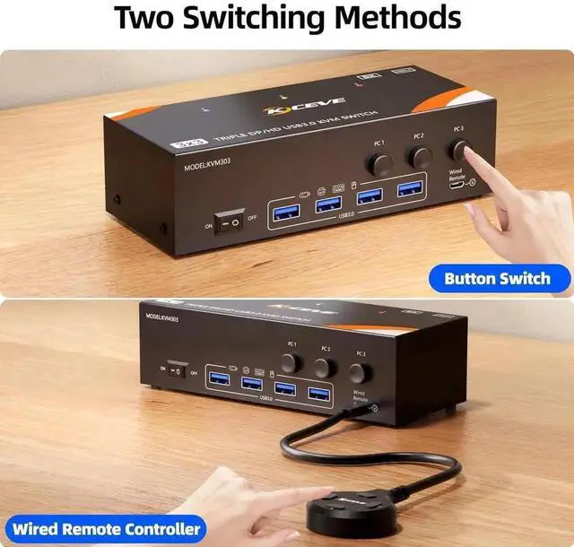 Alt view image 2 of 7 - KVM Switch 3 Monitors 3 Computers 8K@60Hz/4K@120Hz, HDMI + 2 Displayport KVM Switches for 3 PC Sharing Triple Monitors and Keyboard Mouse with Power Adapter, Wired Controller and USB3.0 Cables