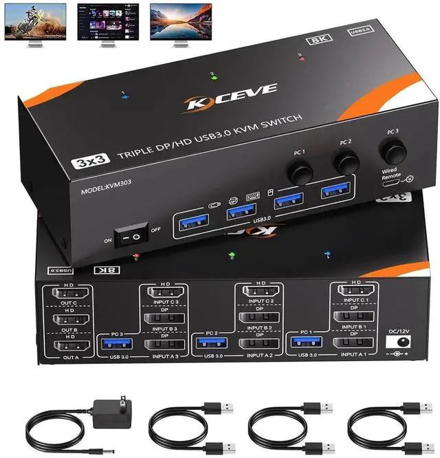 Main image of KVM Switch 3 Monitors 3 Computers 8K@60Hz/4K@120Hz, HDMI + 2 Displayport KVM Switches for 3 PC Sharing Triple Monitors and Keyboard Mouse with Power Adapter, Wired Controller and USB3.0 Cables
