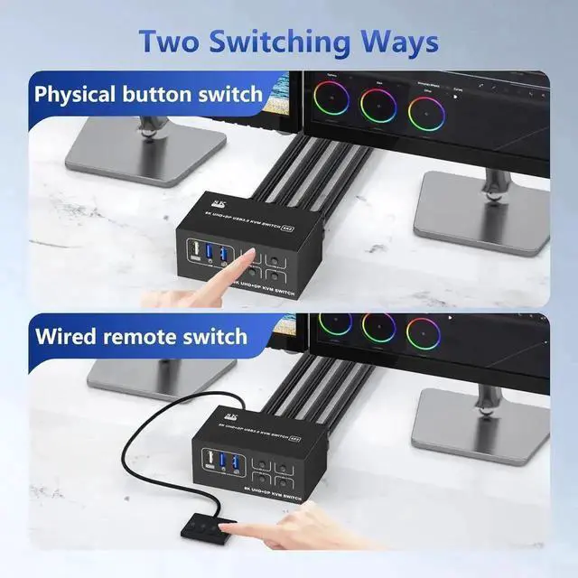 Alt view image 7 of 7 - Dual Monitor KVM Switch 4 Computer 2 Monitor - 8K@60Hz 4K@120Hz 4 Port HDMI and Displayport Dual Monitor USB 3.0 KVM Switcher for 4 PC 2 Monitor with 4 USB Ports, with Desktop Controller